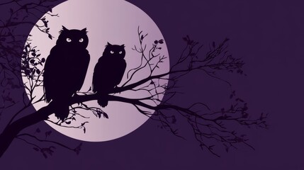 Two owls perched on a branch in front of a full moon.