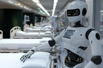 A robotic assistant in a hospital ICU adjusting patient beds automatically, AI monitoring vital signs and adjusting equipment as needed.