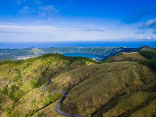 Azores landscape panoramic view. Aerial drone view of Sete Cidades, Lagoa Azul, Miradouro da Grota do Inferno viewpoint in Sao Miguel Island, Portugal