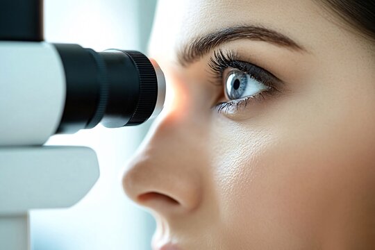 Close-up of young woman undergoing eye examination with slit lamp biomicroscope, showcasing advanced ophthalmic technology for precise diagnosis and vision care - Powered by Adobe