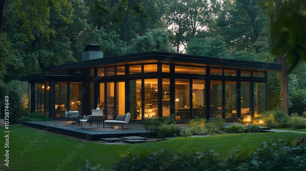 Poster a modern home with large windows and a deck, illuminated from within at dusk. the house is surrounde