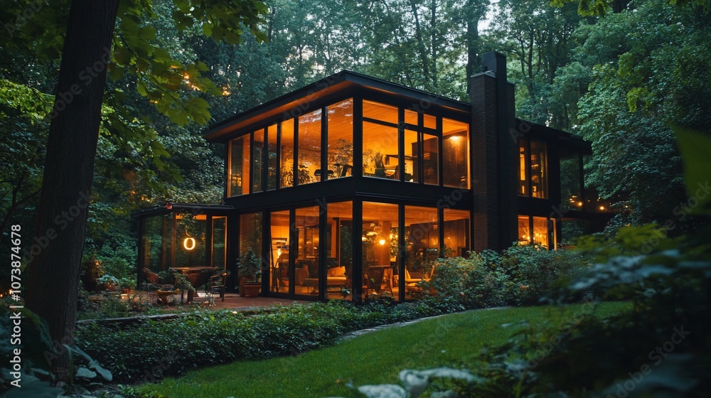 Aufkleber A modern home with large windows sits in a lush forest setting. The house is illuminated from within, creating a warm and inviting atmosphere.