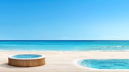 Fototapeta premium Beautiful beachside view featuring luxurious wooden hot tubs beside a serene sea, with crystal-clear water and a bright blue sky, creating an inviting atmosphere for relaxation and leisure.