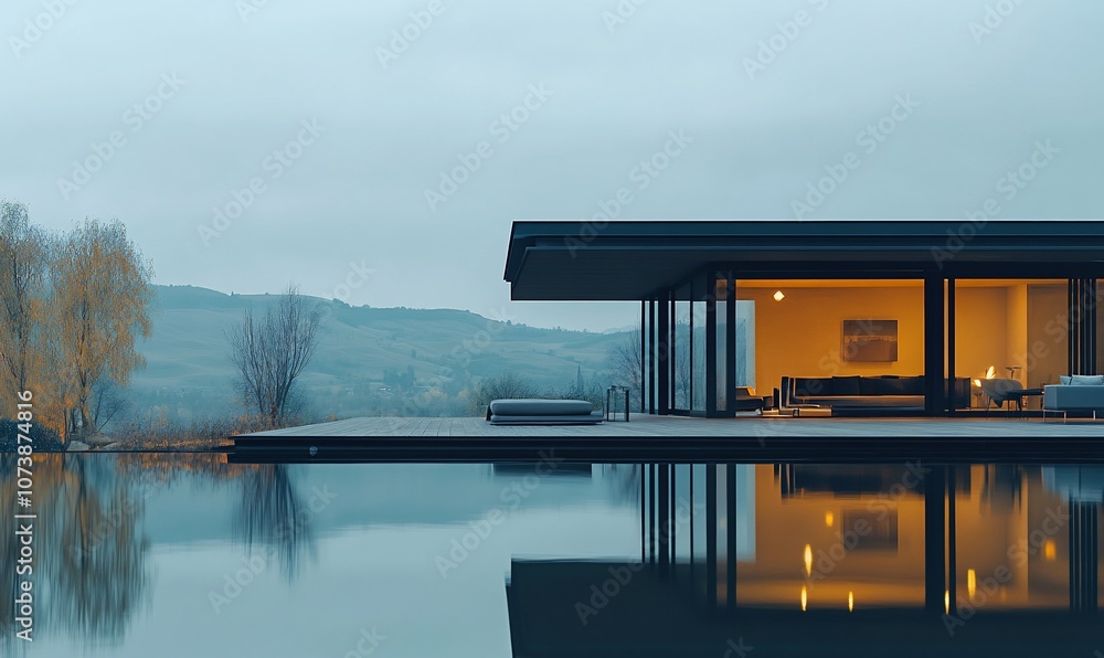 Aufkleber A modern house with a pool and a view of the mountains in the background. The house is lit up from the inside, and the reflection of the house can be seen in the pool.