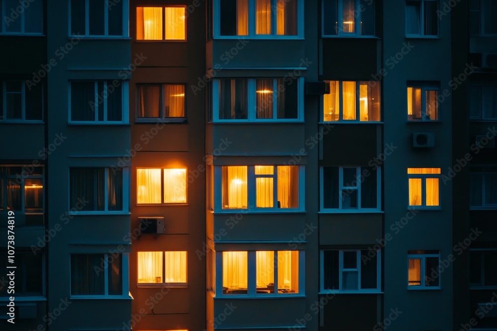 Poster illuminated multi story building windows creating a captivating nighttime urban scene