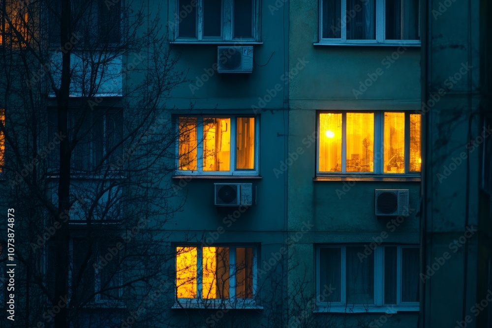 Poster illuminated multi storey building captured through windows at night in urban setting