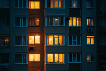 Illuminated multi story building windows creating a captivating nighttime urban scene