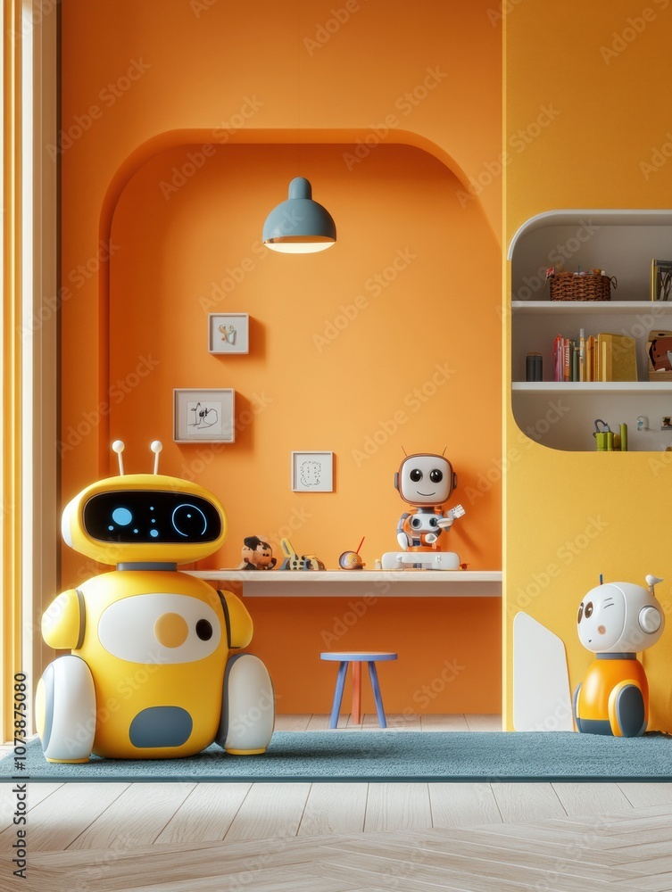 Aufkleber friendly robot helpers engage in a colorful children's room adorned with playful decor and inviting 