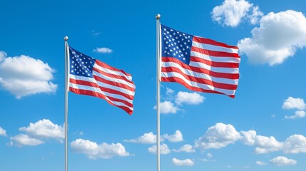 Fototapeta premium Two American Flags On Poles Against a Clear Blue Sky With Fluffy Clouds, Symbolizing Patriotism and National Pride in a Bright Daylight Scene