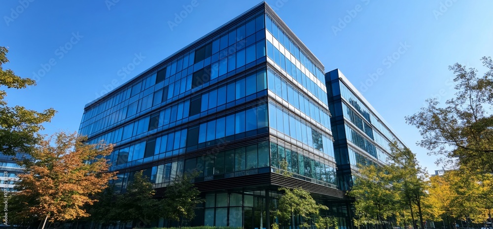 Poster a modern office building with large windows and a clear blue sky.