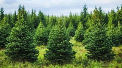 A lush green Christmas tree farm, with rows of coniferous trees growing in the sunlight.