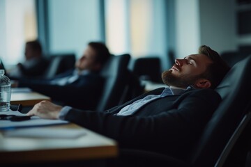 Lazy managers napping during business meeting in a modern, bright office environment
