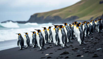 Obraz premium Majestic King Penguins on a Black Sand Beach