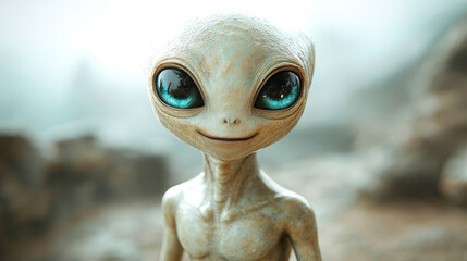 Friendly alien with large blue eyes, detailed fantasy portrait, sci-fi extraterrestrial character, otherworldly expression, close-up art, unique design, imaginary world, futuristic setting