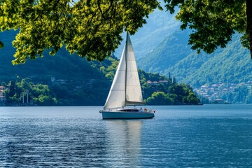 Elegant sailboat gliding on the lake, embracing a leisurely water lifestyle experience