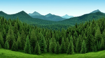 Fototapeta premium Lush Green Forest Landscape with Majestic Mountains Under a Bright Blue Sky, Capturing the Beauty of Nature's Serenity and Tranquility in an Idyllic Setting