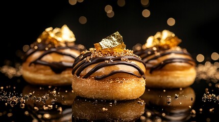 Choux pastries topped with edible gold leaf and drizzled with chocolate, isolated on a black background with sparkles