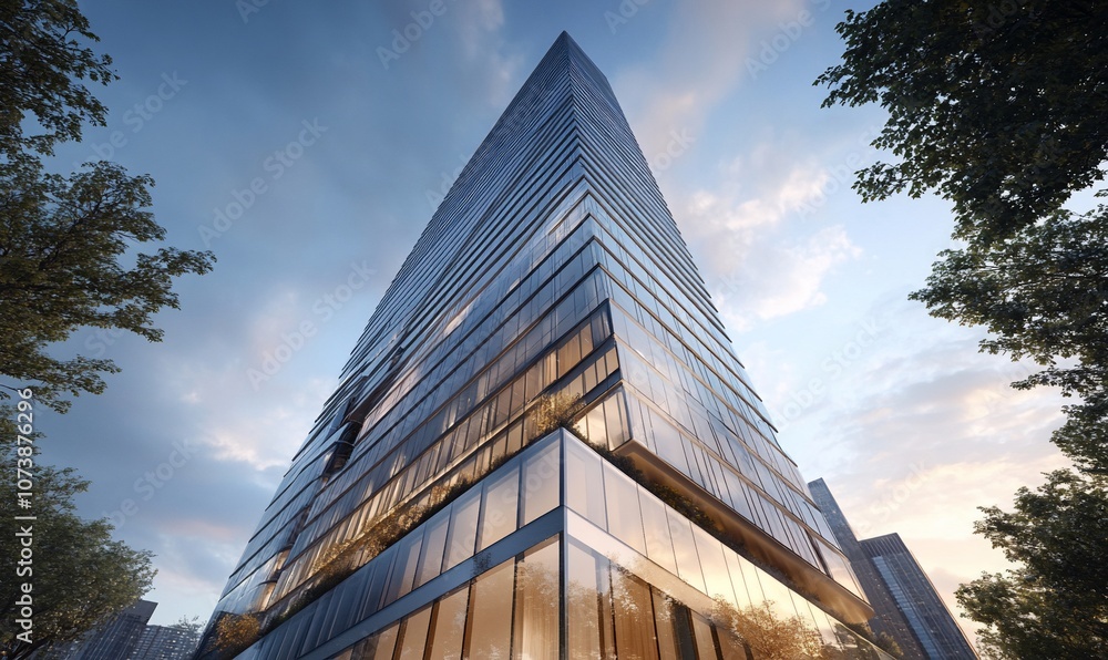 Poster a modern skyscraper with a glass facade is seen from a low angle, the building reaching up towards a