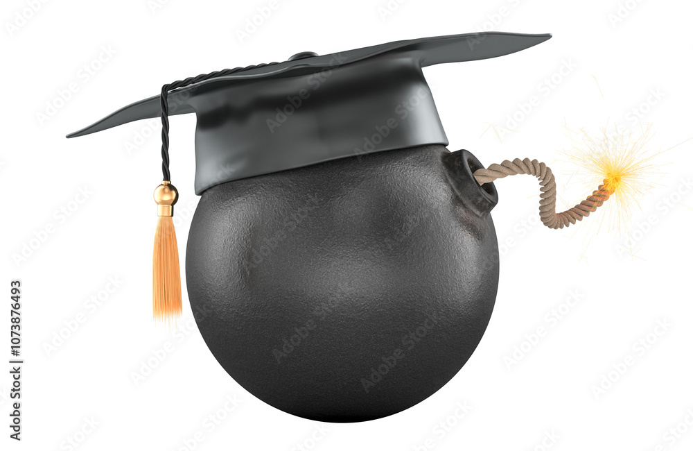 Poster bomb with burning fuse and education hat, 3d rendering isolated on transparent background