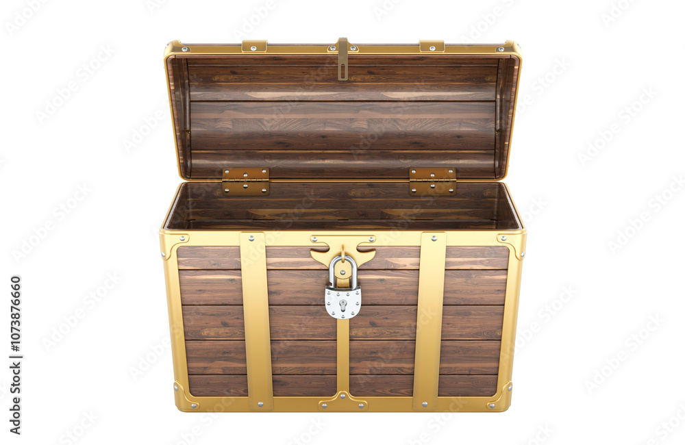 Poster empty treasure chest, front view. 3d rendering isolated on transparent background