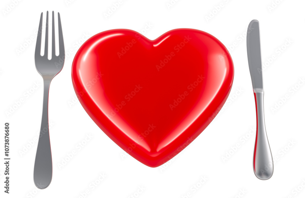 Poster red heart with fork and knife. valentines day concept, 3d rendering isolated on transparent backgrou