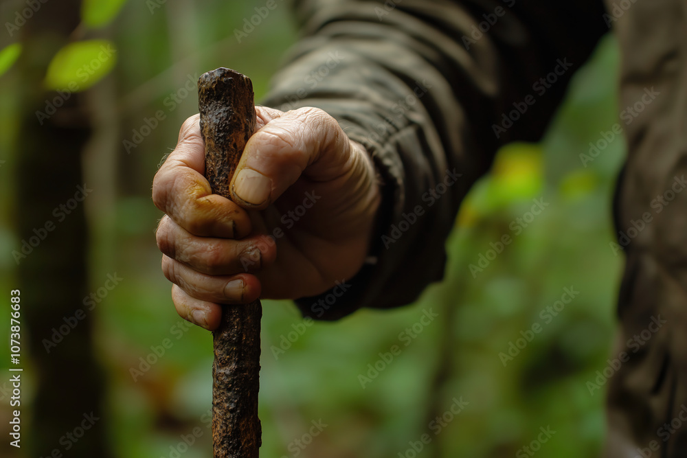 Poster a close-up of a hand gripping a weathered stick while exploring a lush forest during daylight hours.