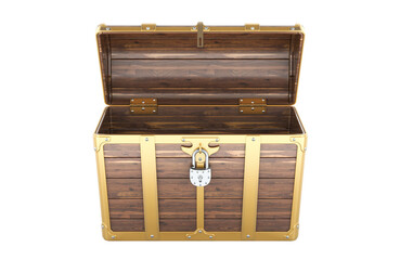 Empty Treasure Chest, front view. 3D rendering isolated on transparent background