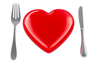 Red heart with fork and knife. Valentines day concept, 3D rendering isolated on transparent background