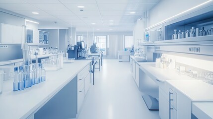 A sterile hospital laboratory with clean white counters, advanced medical equipment, and bright lighting ensuring a precise work environment.