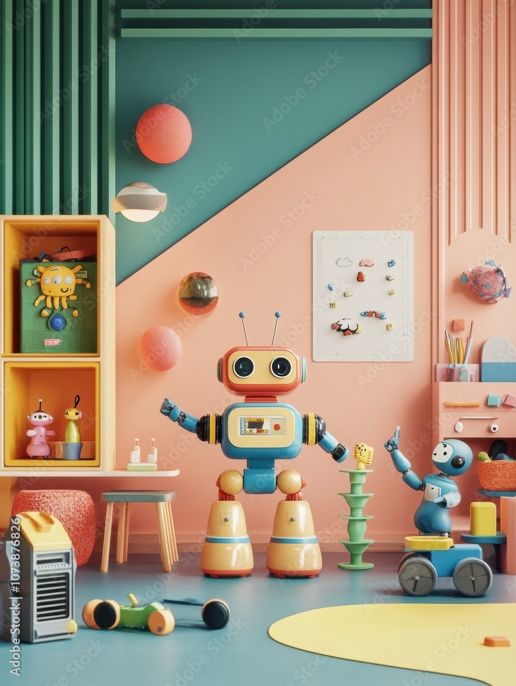 Poster bright and colorful children's room filled with friendly robots and toys, creating a joyful environm