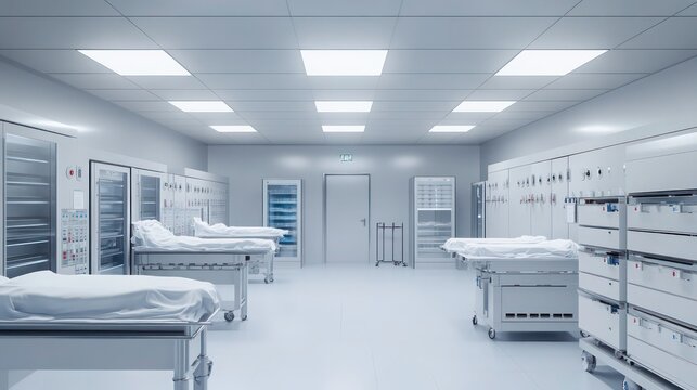 A sterile hospital morgue room with cold storage units, clean, organized, and brightly lit, ensuring a professional environment.