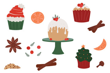 Set with Christmas food. Cupcake, spices, cinnamon, berries, orange