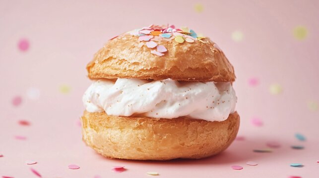 Giant choux bun filled with whipped cream, isolated on a pale pink background with pastel-colored confetti