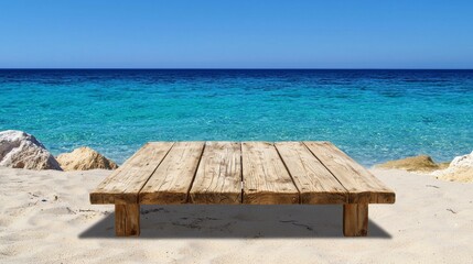 Fototapeta premium Wooden Platform on Tropical Beach Overlooking Clear Blue Water and Azure Skies, Perfect for Relaxation and Vacations in a Scenic Coastal Setting