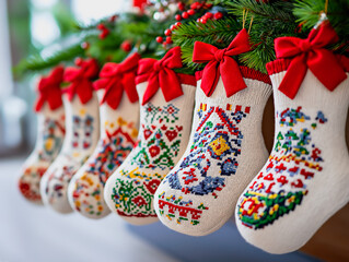 Colorful Christmas stockings with intricate cross-stitch patterns and red bows, hanging with festive greenery and red berries. Perfect for adding a cozy, traditional holiday touch