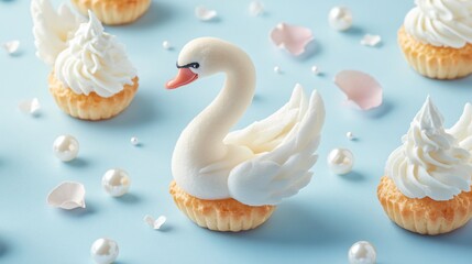 Obraz premium Mini choux swans with whipped cream, isolated on a light blue background, surrounded by elegant pearls and tiny floral petals