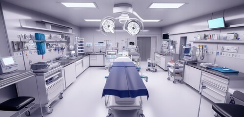 A sterile hospital operating room with surgical tables and advanced machinery, arranged in a clean, organized space.