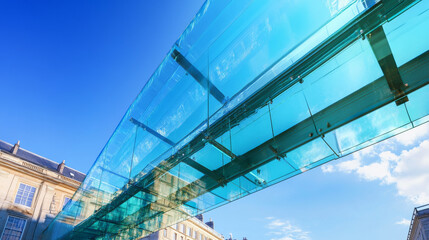 Glass Bridge Architecture, Modern Design, Cityscape, Transparent Walkway, Blue Sky