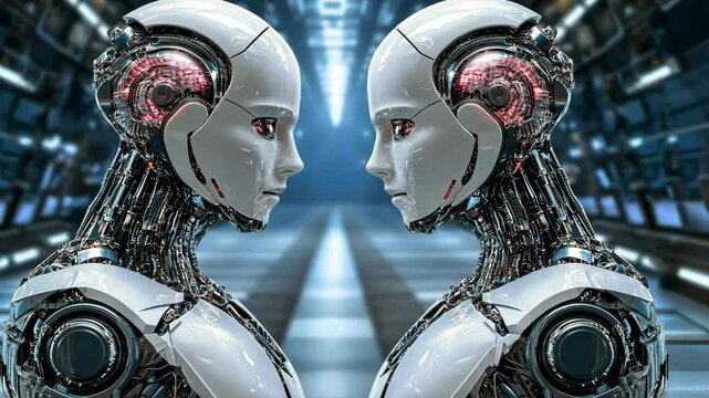 Two androids face each other in a futuristic setting