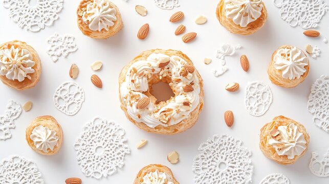 Paris-Brest choux pastry ring with praline cream, isolated on a white background, with scattered almond slivers and delicate lace doilies