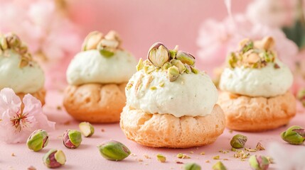 Obraz premium Profiteroles filled with pistachio cream, isolated on a soft pastel background with pistachios and floral elements