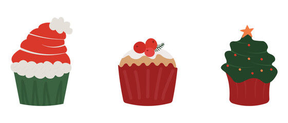 Cupcakes in New Year's style: Santa's hat, Christmas tree