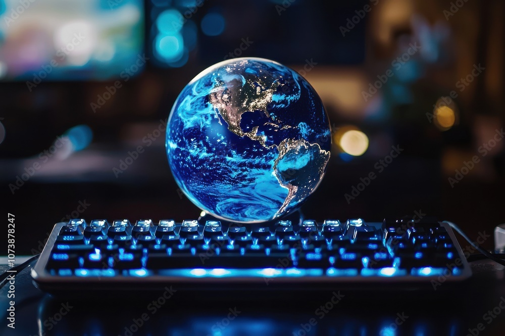 Poster illuminated globe on a futuristic keyboard representing global technology