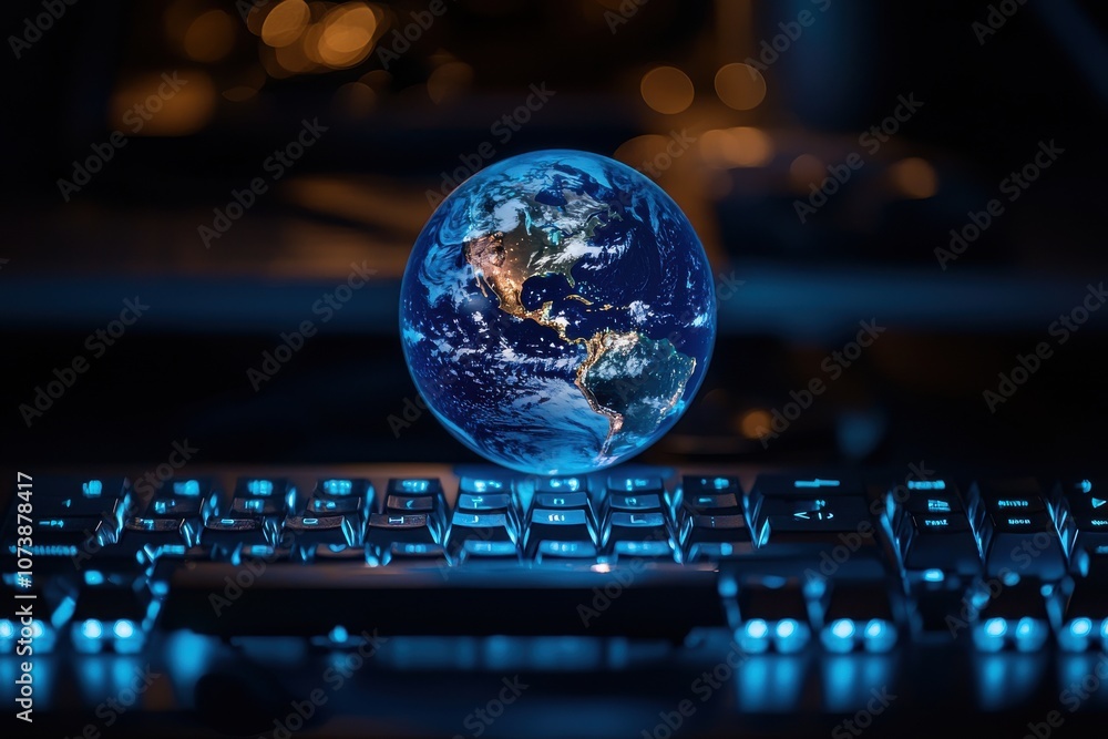 Poster illuminated globe on a futuristic keyboard with dark background