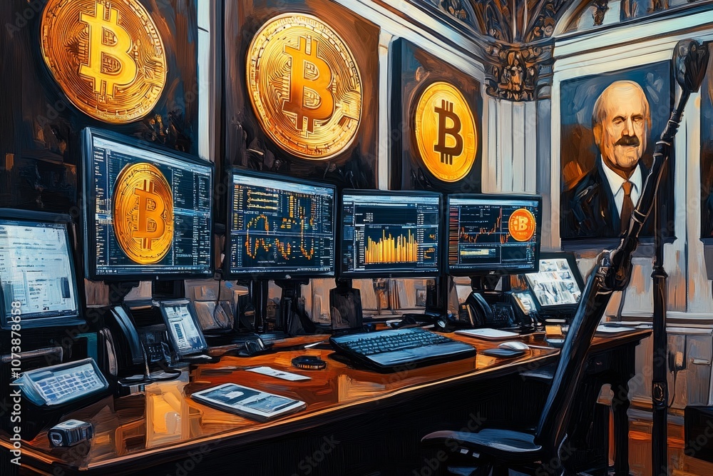 Aufkleber advanced trading setup with multiple screens showcasing cryptocurrency data and digital coins