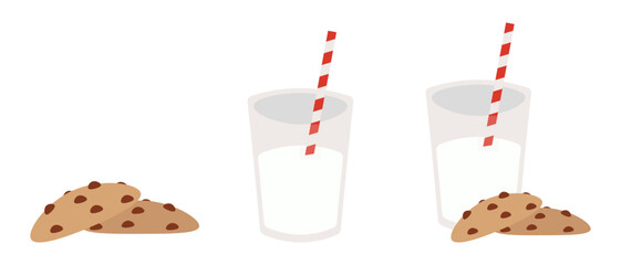Food set. A glass of milk and a cookie with chocolate