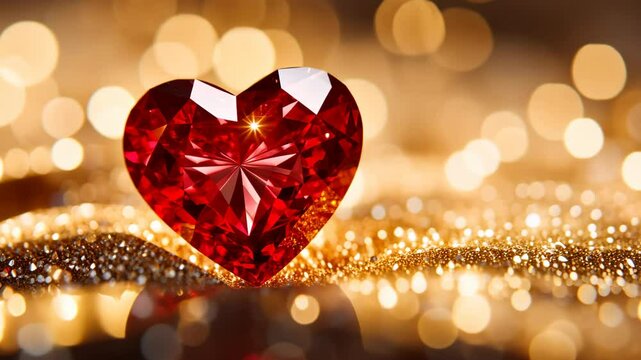 A red heart-shaped gemstone sits on a golden sparkly surface