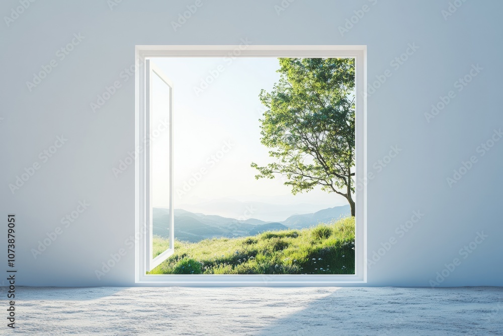 Leinwandbilder natural landscape through a window shows vibrant greenery and a tree, creating a peaceful, inviting 
