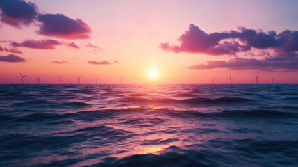 Fototapeta premium Majestic offshore wind farm at sunset with silhouetted turbines