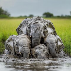 A family of elephants enjoys a muddy bath in a watering hole in Moremi Game Reserve, Botswana. They munch on green grass in the lush African landscape.